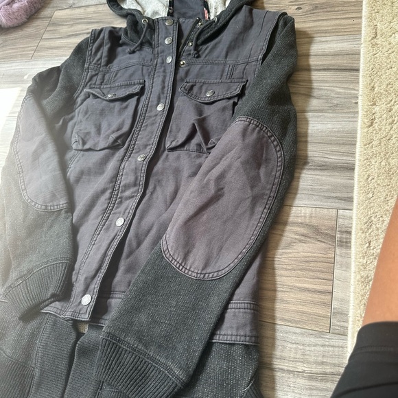 Free People Black Hooded Mixed Media Layered Slub Utility Jacket Size Small - Picture 3 of 11